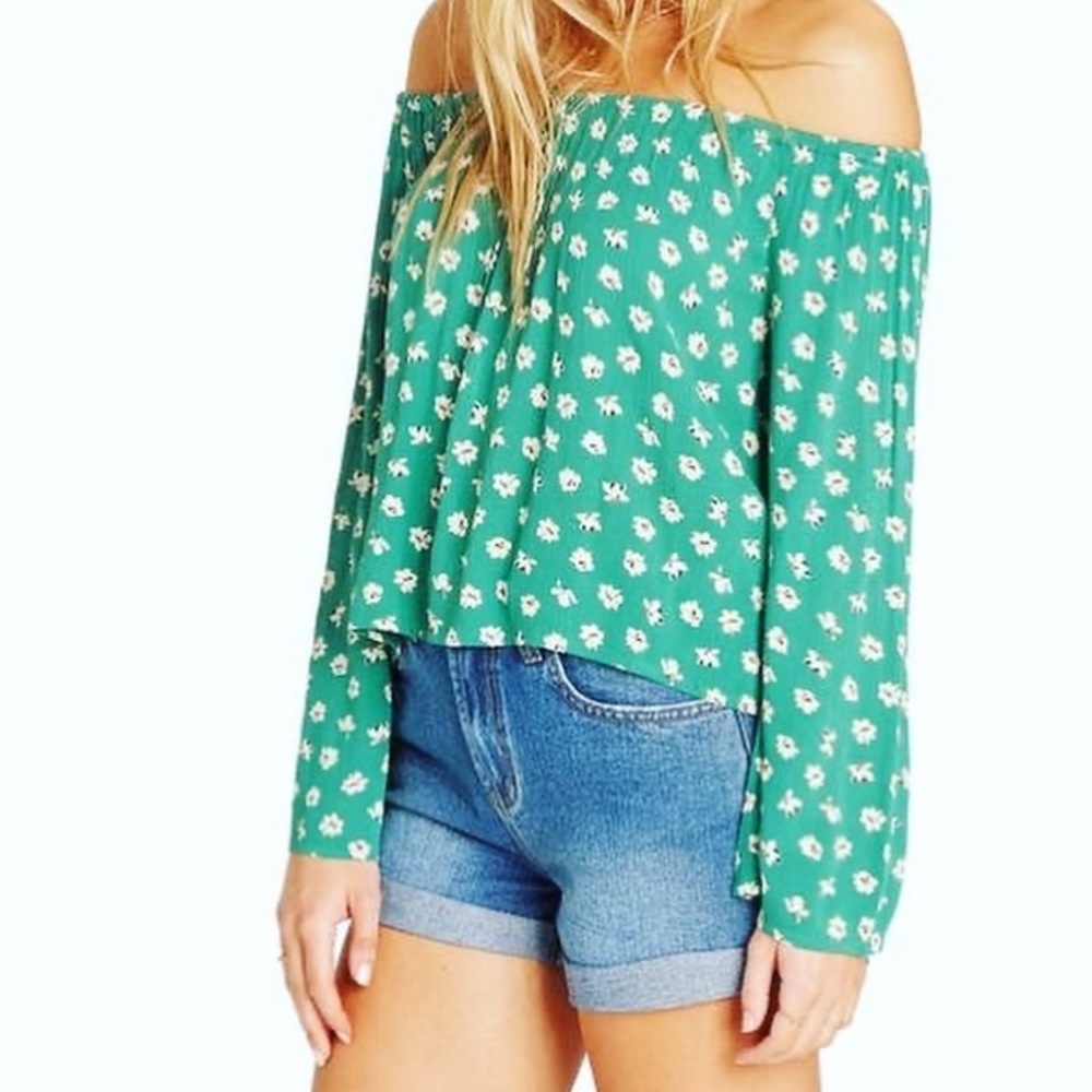 Billabong Green Floral Off The Shoulder Crop Top
